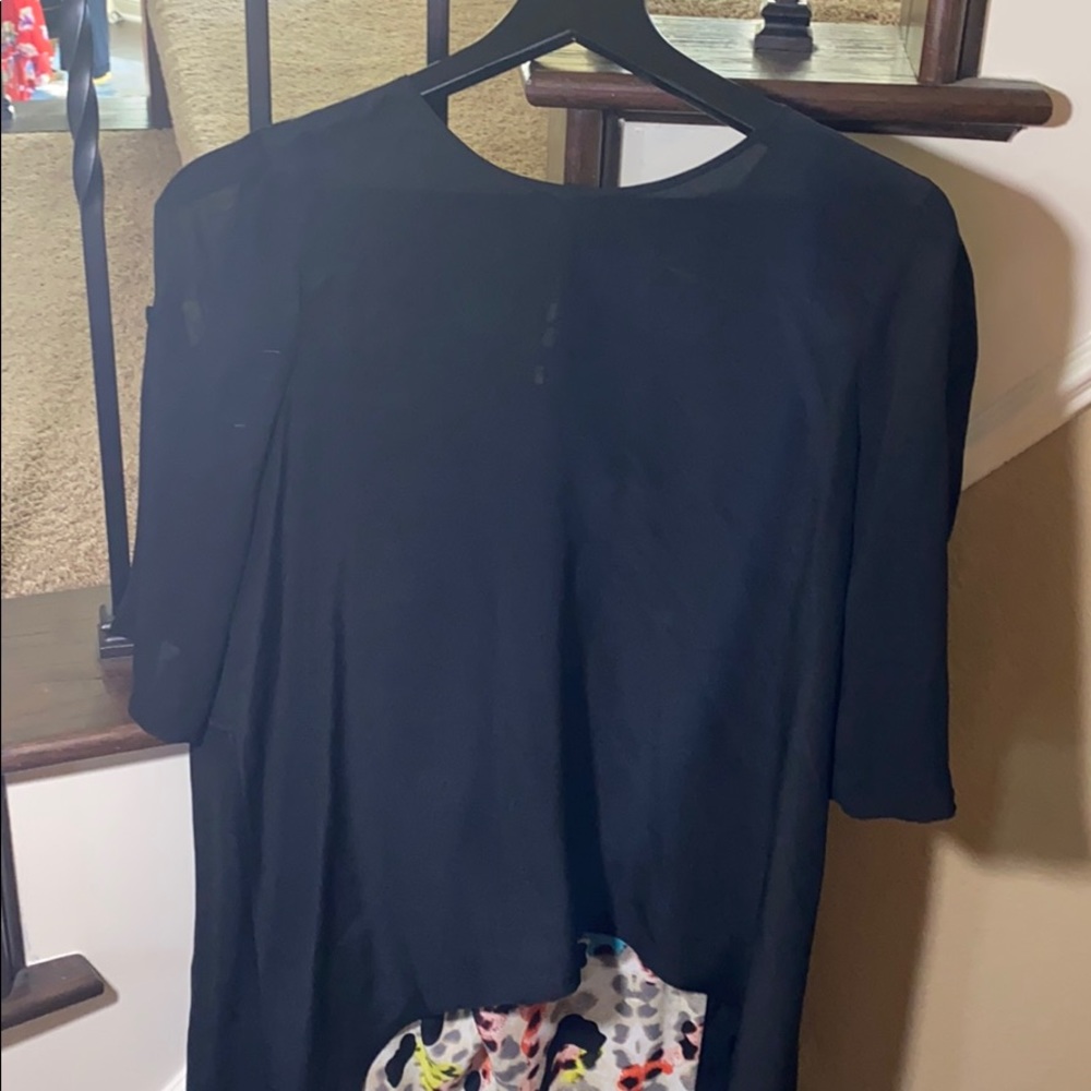 BCBG black sheer top and Top Shop pants